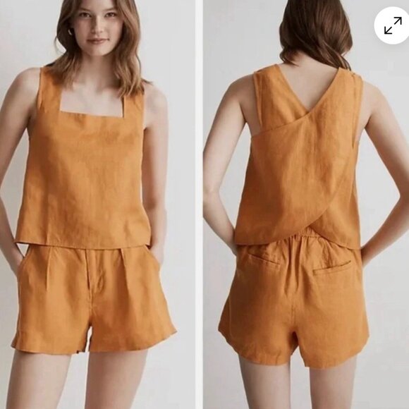 Madewell Linen Women's Mustard Yellow Square Neck Cross Back Top - Picture 1 of 5